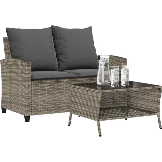 vidaXL 2-personers polyrattan sofa med hynder og glasbord, grå