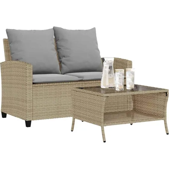 vidaXL 2-personers sofa med hynder og bord polyrattan beige