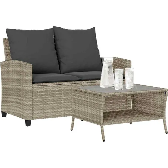 vidaXL 2-personers sofa med hynder og bord polyrattan lysegrå