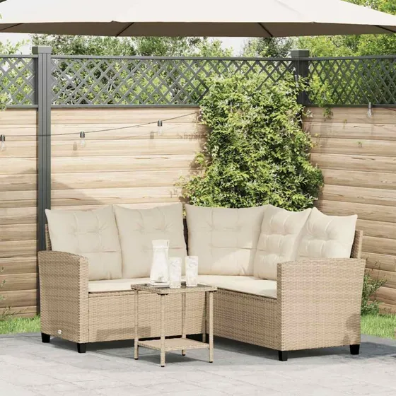 vidaXL L-formet havesofa med bord og hynder i polyrattan, beige