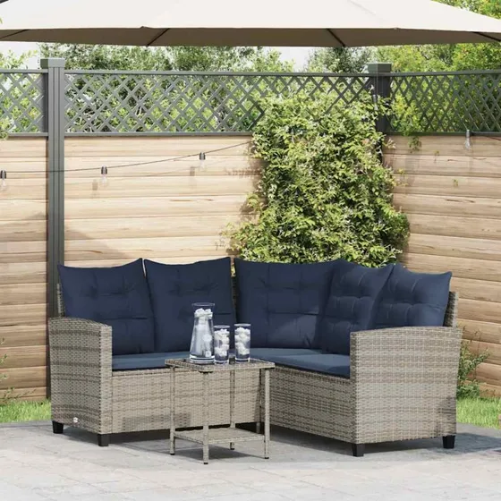 vidaXL L-formet havesofa med bord og hynder i grå polyrattan