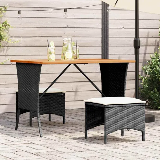 vidaXL 3-delssæt med bord og hynder i polyrattan, sort