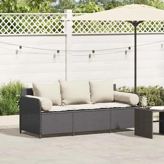 vidaXL 3-personers havesofa med hynder polyrattan sort