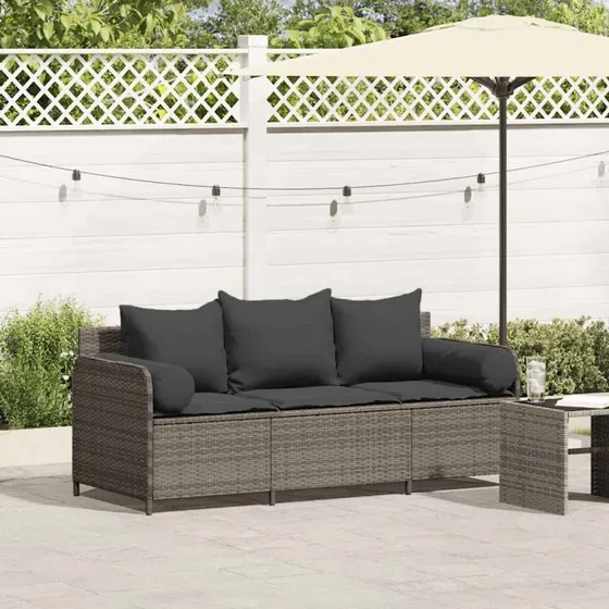 vidaXL 3-personers havesofa med hynder polyrattan grå