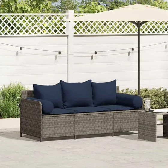 vidaXL 3-personers havesofa med hynder polyrattan grå