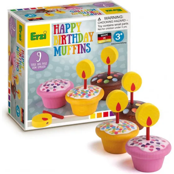 Erzi Fødselsdagsmuffins i træ, 9 dele (3 muffins med lys)