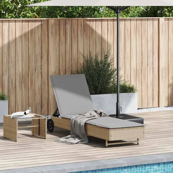 vidaXL Liggestol med hjul og hynde i polyrattan, beige