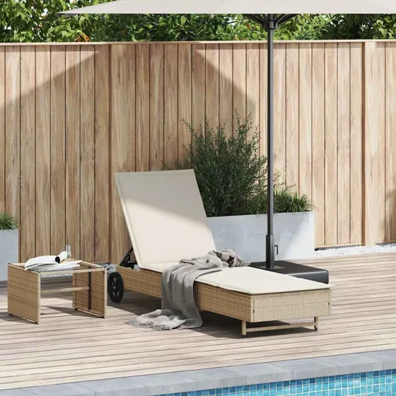 vidaXL liggestol med hjul og hynde, polyrattan beige