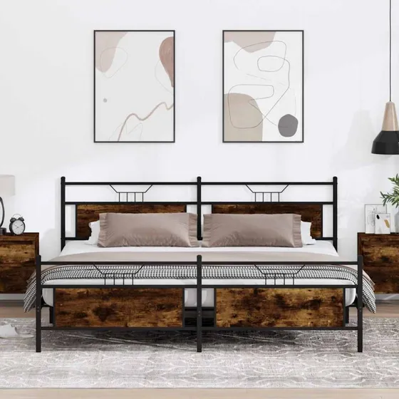 vidaXL Sengeramme 200x200 cm Røget Eg, Metal, Uden Madras