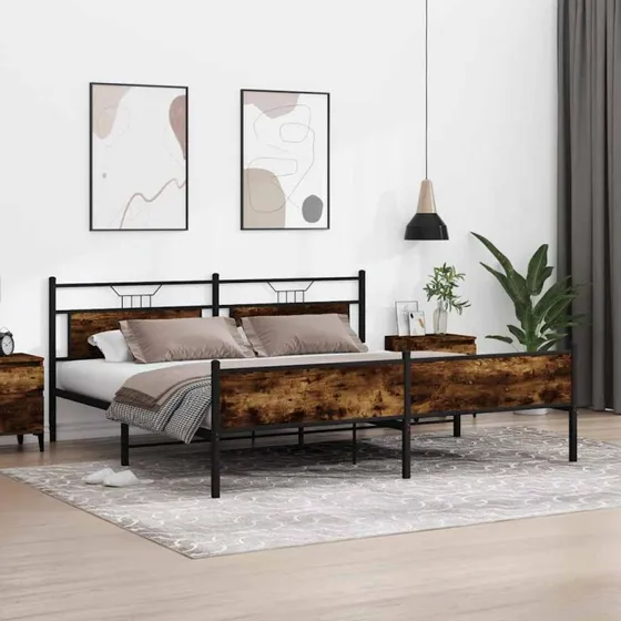 vidaXL Sengeramme 193x203 cm røget egetræ, metal, uden madras