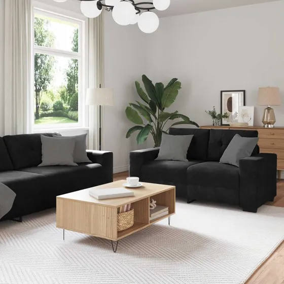 vidaXL Sofa Sæt 3-del, Sort, 221 x 80 x 80 cm, Fløjl