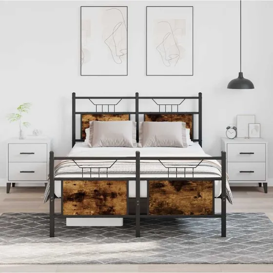 vidaXL Sengeramme 120x190 cm røget eg med stålstel og hovedgærde