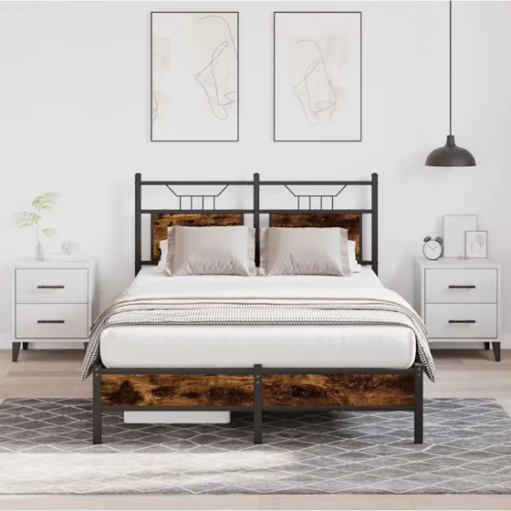 vidaXL Sengeramme 120x190 cm Røget Eg med Sengegavl og Lavt Fodgærde
