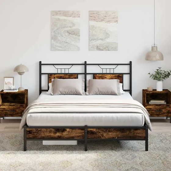 vidaXL Sengeramme 137x190 cm røget eg med sengegavl og opbevaringsplads