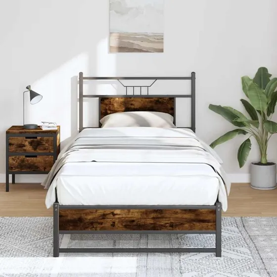 vidaXL Sengeramme 90x200 cm røget eg med sengegavl og opbevaringsplads