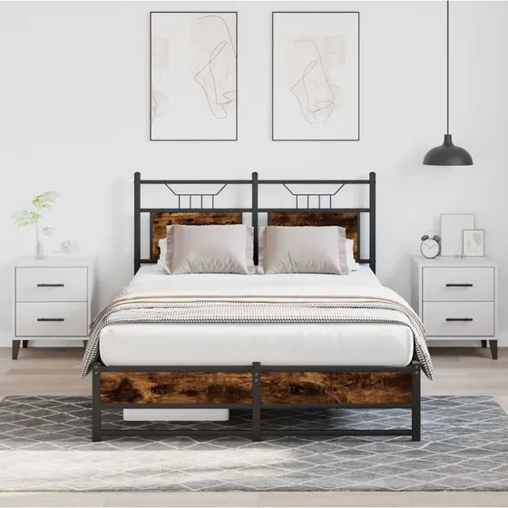 vidaXL Sengeramme 120x200 cm røget eg med sengegavl og opbevaringsplads
