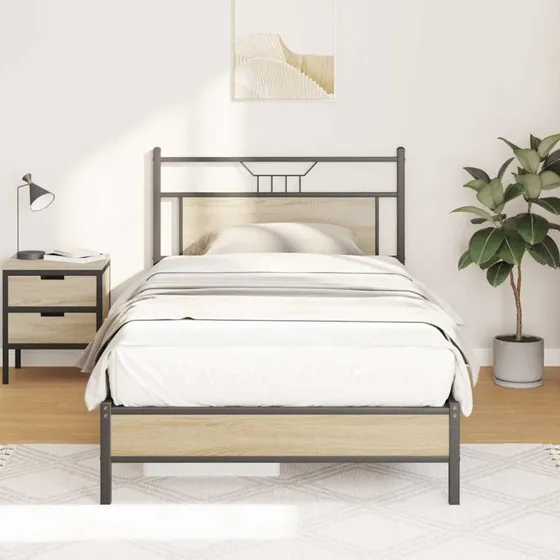 vidaXL Sengeramme 100x200 cm Sonoma-Eg med sengegavl og opbevaringsplads