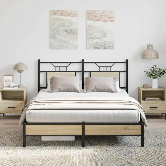 vidaXL Sengeramme 140x200 cm Sonoma-Eg med sengegavl og opbevaringsplads