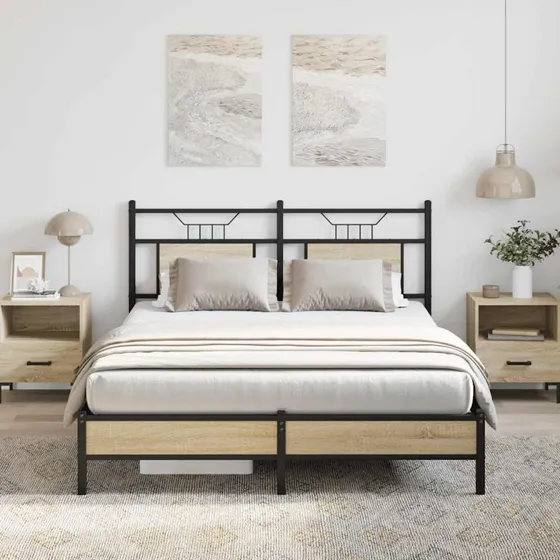 vidaXL Sengeramme 150x200 cm Sonoma-Eg med sengegavl og opbevaringsplads