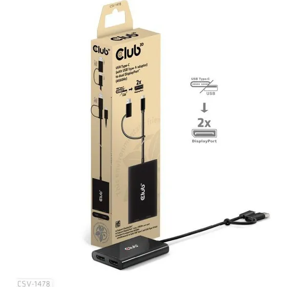 Club 3D CSV-1478 USB-C til Dual DisplayPort 4K60, sort