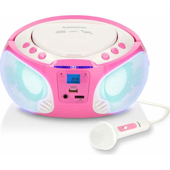 Lenco SCD-650 Pink Bærbar Karaoke-CD/MP3/USB-afspiller med Mikrofon og Lyseffekter