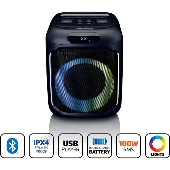 Lenco PA-101BK Kompakt IPX4 Bluetooth® Partyhøjttaler med Trådløs Mikrofon