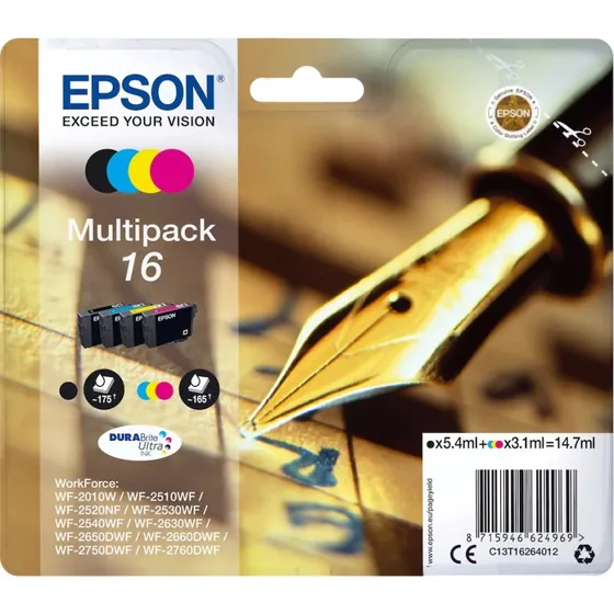Epson 16 Multipack Sort, Gul, Cyan, Magenta Pigmentbaseret Blæk C13T16264012