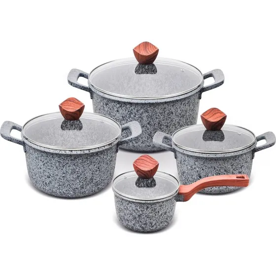 PROMIS Grydesæt Granit 16-28 cm, brun håndtag, med glaslåg