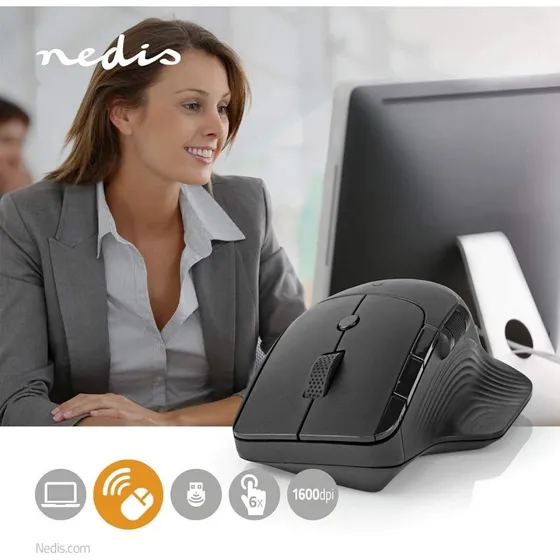 Nedis Trådløs Mus 1600 dpi, 6 Knapper, Sort