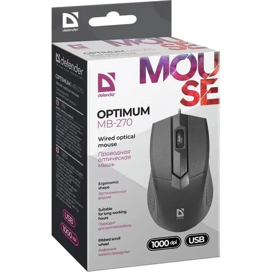 Defender Optimum MB-270 USB Optisk Mus, Højrehåndet, 1000 DPI, Sort