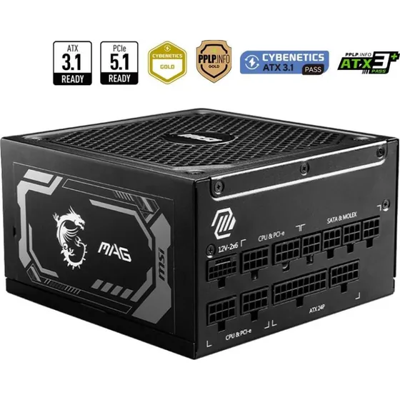 MSI MAG A1250GL 1250W PCIe 5.0 Strømforsyning, fuldt modulær, sort