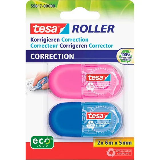 tesa Correction Tape Mini Roller ecoLogo 2x 6m x 5mm Blå + Pink