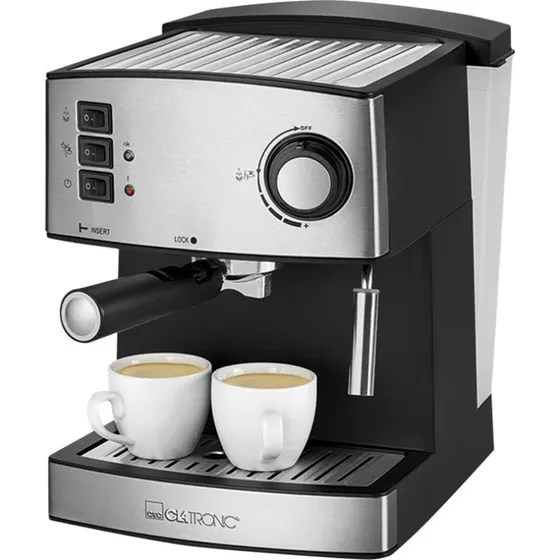 Clatronic ES 3643 Espressomaskine, 15 bar, rustfrit stål, sort/sølv