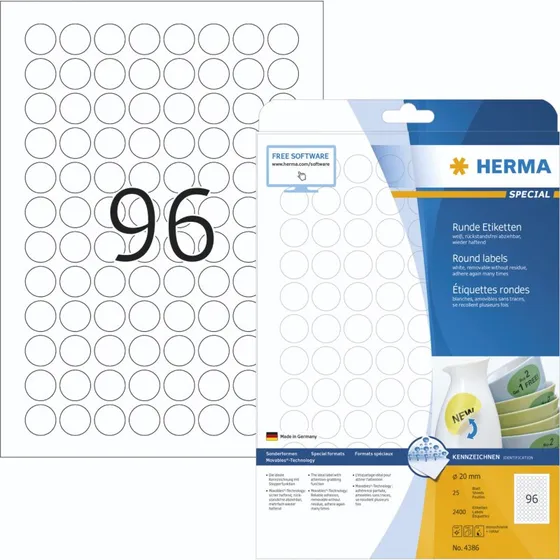 HERMA Special Runde Flytbare Etiketter 20 mm, 2400 stk