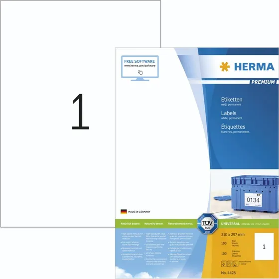 HERMA Premium Laminerede Hvide A4 Etiketter 100 stk