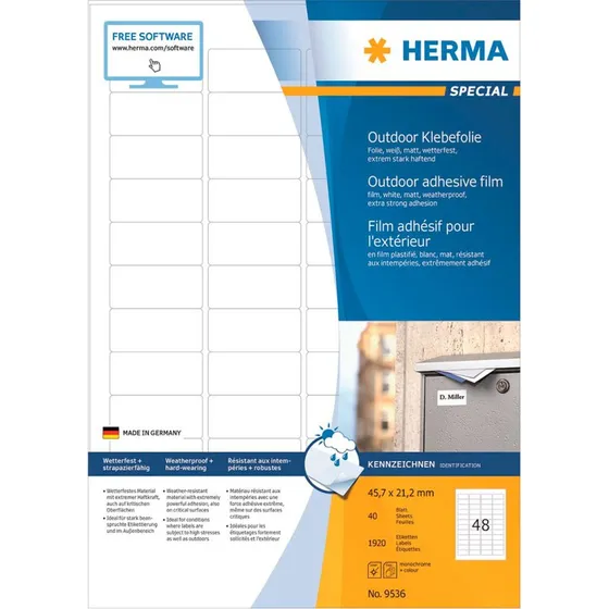 HERMA 9536 Hvid Udendørs Etiket 45,7x21,2 mm 1920 stk