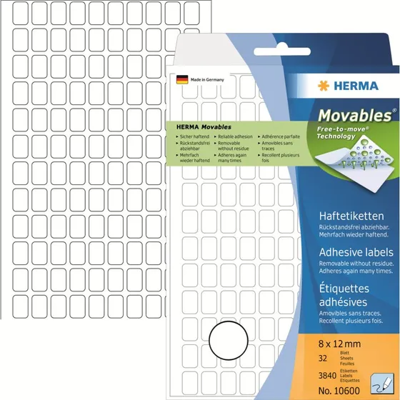 HERMA Flytbare Etiketter 8x12 mm, 3840 stk, hvid