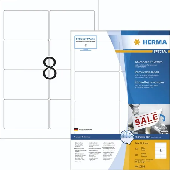 Herma Special Aftagelige Hvide Etiketter 96x63,5 mm (800 stk)