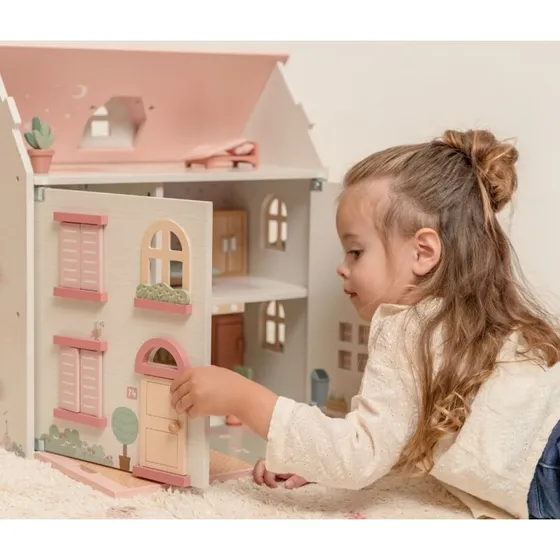 Little Dutch Dukkehus stort hvidt med lyserødt tag og tilbehør