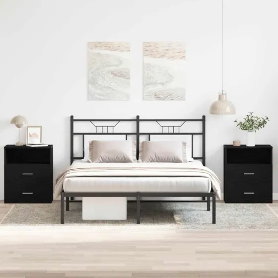 vidaXL Natbord med Skuffe 2 stk, Sort Eg, 50 x 32 x 60 cm, Konstrueret Træ