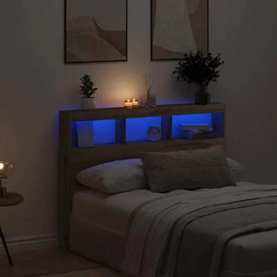 vidaXL Sengegavl med Opbevaring og LED-lys, 140x17x102 cm, Brunt Ege