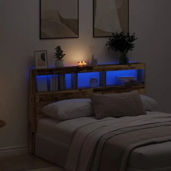 vidaXL Sengegavl med Opbevaring og LED-lys 160x17x102 cm, antikt træ