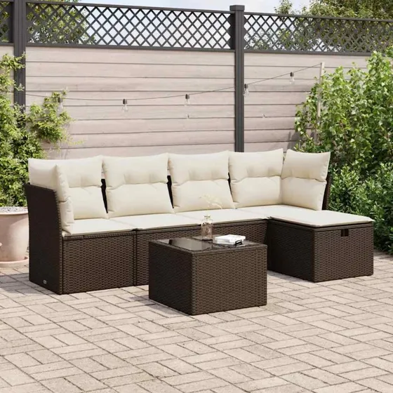 vidaXL 6-delssofasæt med hynder, polyrattan brun