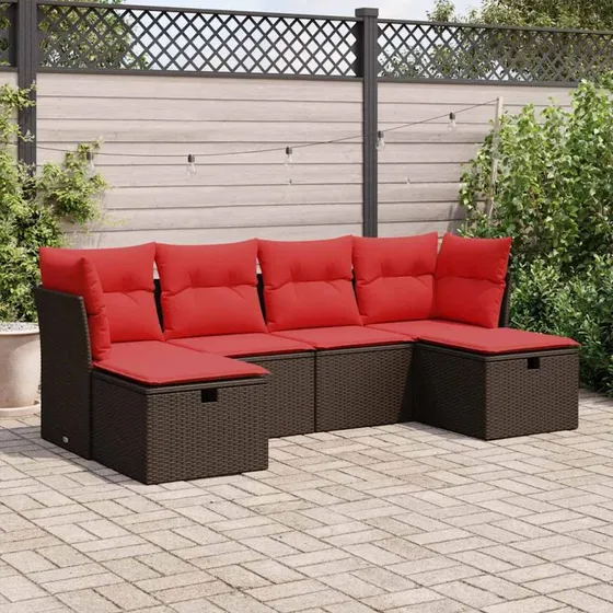 vidaXL 6-delssofasæt med hynder, polyrattan brun