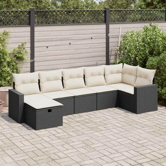 vidaXL 7-delssofasæt med hynder i polyrattan, sort