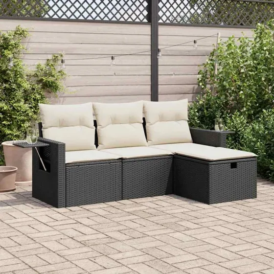 vidaXL 4-delssofasæt med hynder, polyrattan sort