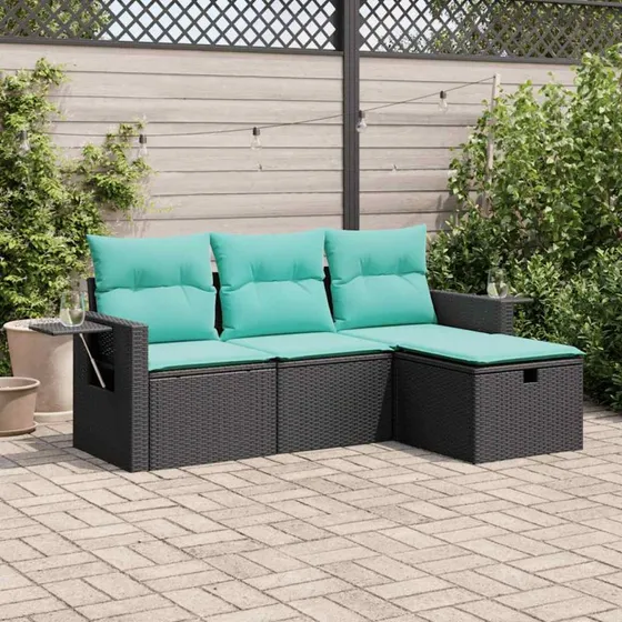 vidaXL 4-delssofasæt med hynder, polyrattan sort