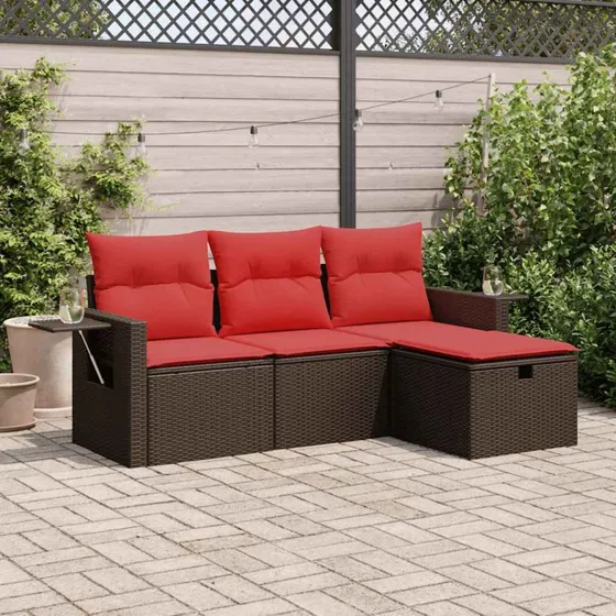 vidaXL 4-delssofasæt med hynder i polyrattan brun