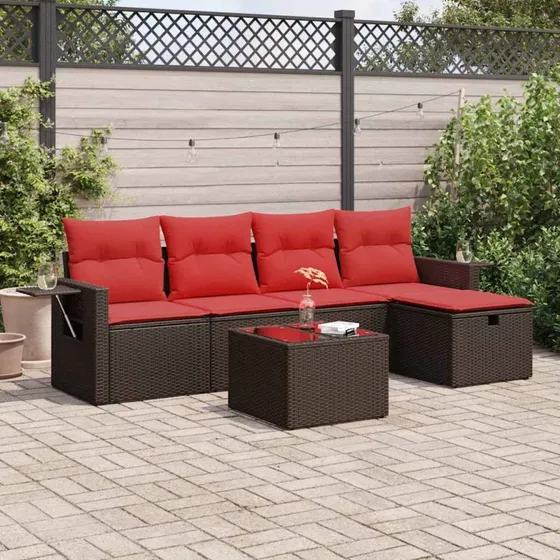 vidaXL 6-delssofasæt med hynder polyrattan brun