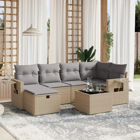 Havesofasæt 7 dele med hynder polyrattan beige/sort